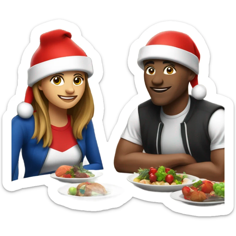 emoji Sports couple , a man and a woman in sportswear, sitting at the Christmas dinner table with a red Christmas hat sticker