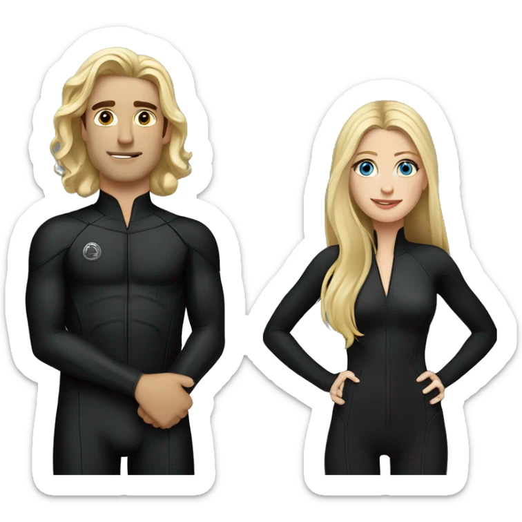 blonde white woman long hair wearing all black standing next to Jack Schlossberg dark hair in a wetsuit sticker