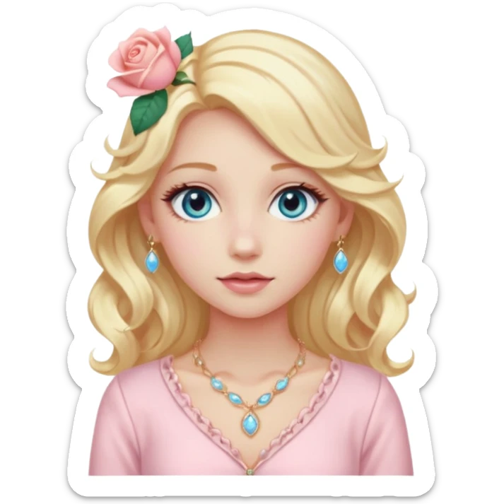a girl with long wavy light golden platinum blonde hair, light blue eyes, pale peachy-pink skin, wearing a fancy light pink outfit, a hot rose hair clip, and light gold jewelry sticker