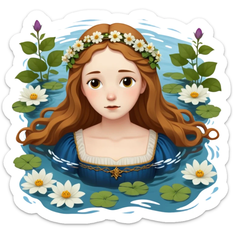 Ophelia from Hamlet floating in water surrounded by flowers, with a tragic expression, wearing a medieval dress, based on Millais painting and Shakespeare's character sticker