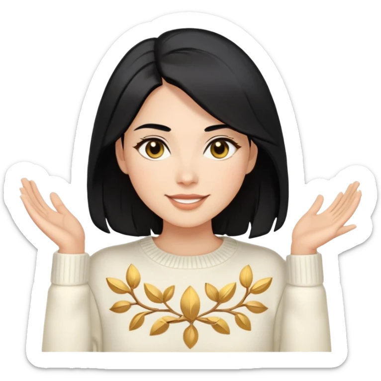 A woman with shoulder-length black hair, light to medium skin tone, full cheeks, and almond-shaped eyes, wearing a white sweater with gold design, lying comfortably on a bed with soft lighting, joyful and radiant expression. sticker