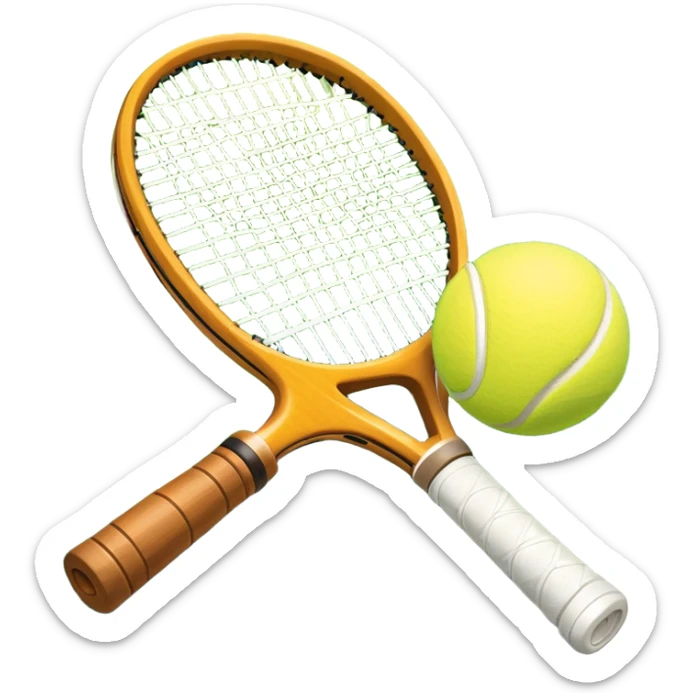 A tennis racket and ball placed on the grass court, with the lines of the court clearly visible in the background. The scene captures the essence of the sport, highlighting the equipment and the vibrant, open atmosphere of a tennis match sticker