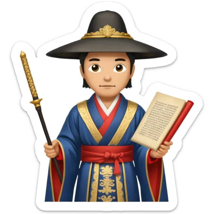 Samurai lord, Elegant noble in long robes with tall hat, holding a scroll of orders. sticker