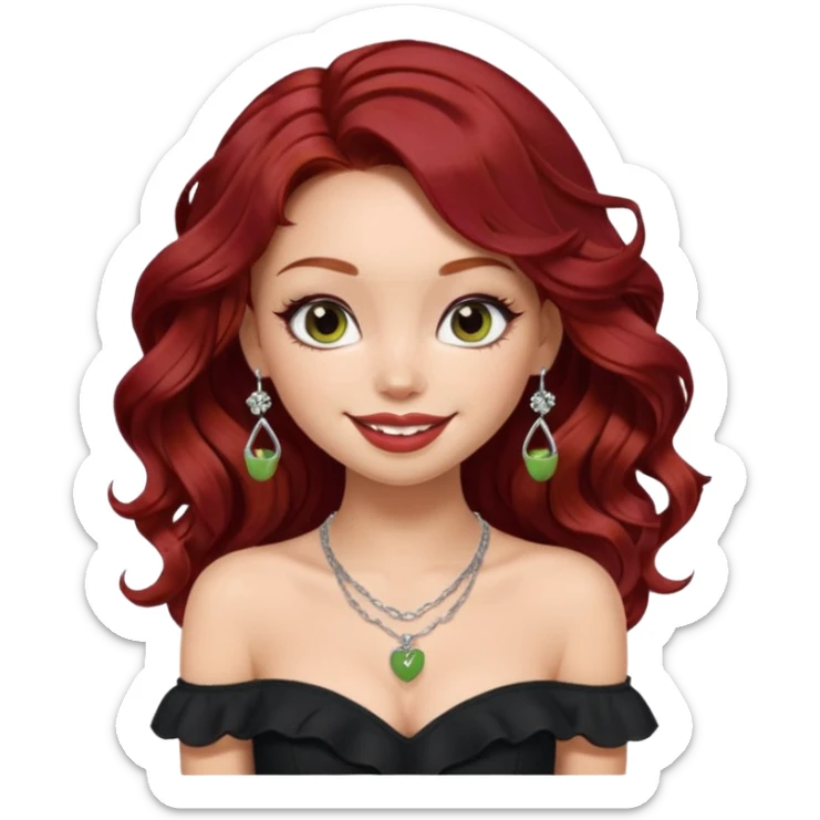a pretty fair bratz girl with wavy dark red hair, wearing a black off shoulder top . silver dainty layered necklaces, carrying a matcha sticker