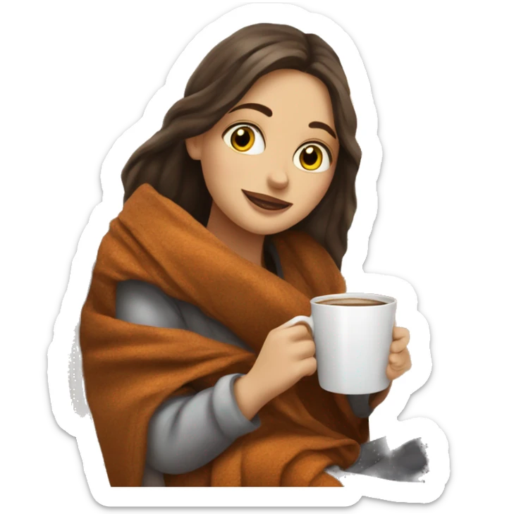 Brunette white girl covered in blanket autumn vibe sitting on a cozy chair holding coffee, window on the background sticker