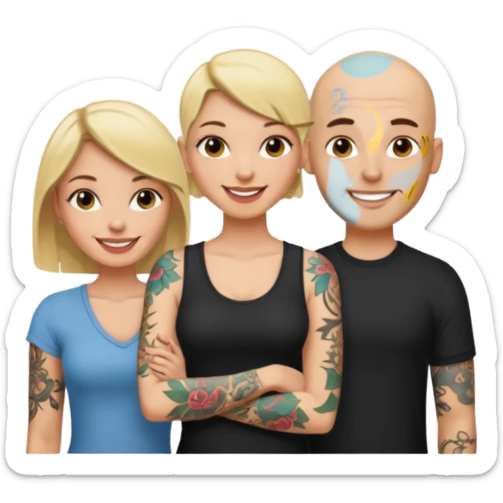 throuple blonde female brunette female with tattoed bald male sticker