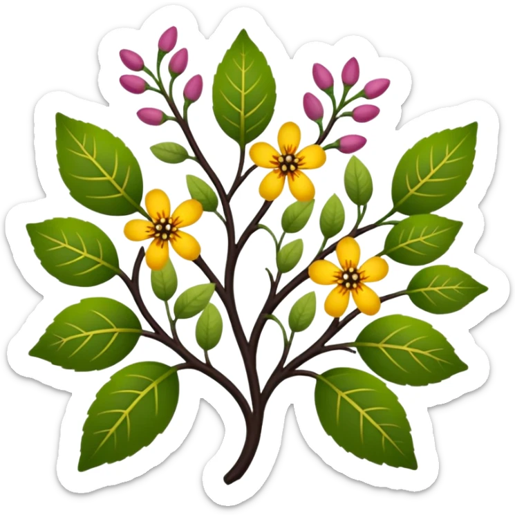 dull green leaves & colorful flowers filigree design & small fruits & ebony branches, extremely detailed, complex design sticker