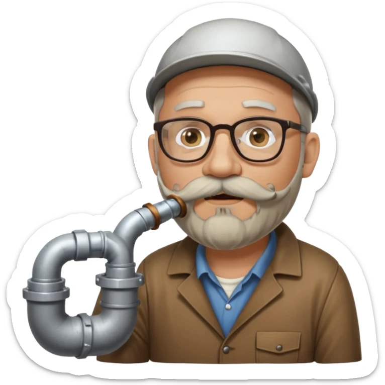 50 year old bearded and moustached white male wearing glasses. In his mouth is a sewer pipe and out the end is flowing brown liquid into a street gutter. sticker