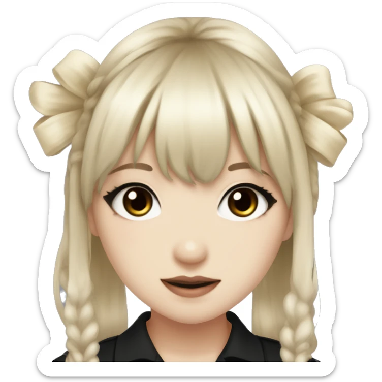 hime gyaru girl, pale skin with brown eyes and black hair with bangs, bows, dark makeup, black shirt sticker