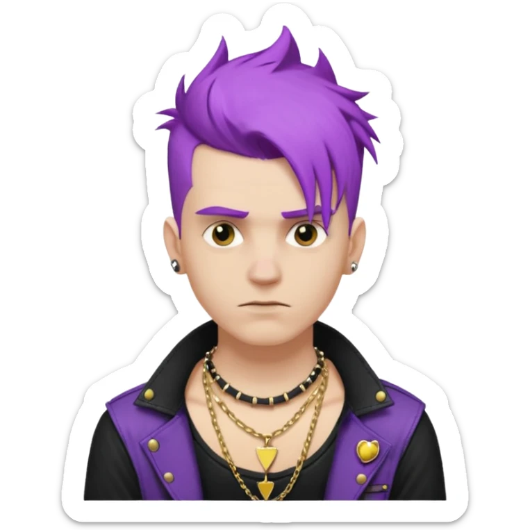 make a iphone emoji who is a white man that looks punk with purple punkk hair, with a black punk shirt and a golden neckless sticker