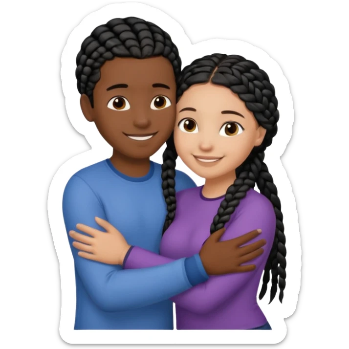 Dark black girl with black braids and dark tan white boy with curvy straight brown hair, they are hugging and smiling, and touching each other with their hands sticker