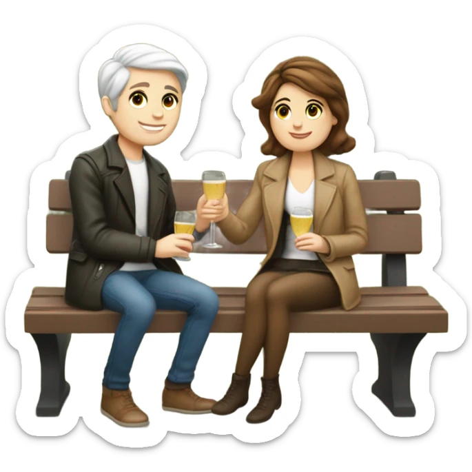 couple of white skin people and brown hair, sitting closely on a park bench, enjoying a romantic moment. One person is holding a croissant, and the other is holding a glass of Prosecco.  sticker