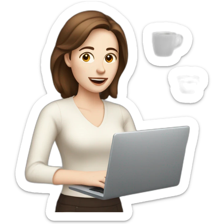 woman with pale skin and brown hair on a computer juggling with coffee cups sticker