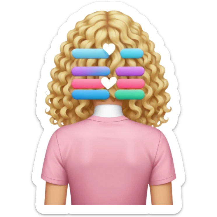 back view of person with long blonde curly hair wearing a pastel pink shirt, iOS Apple emoji style sticker