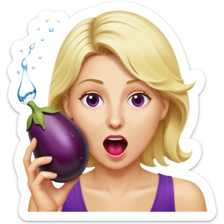 blond woman biting an aubergine, water jet coming out of the eggplant, shocked expression sticker