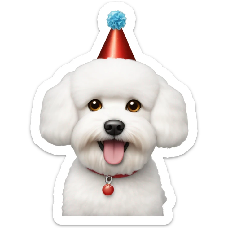 A white fur bichon frise with brown fur at the end of the ear and red nose with a birthday party hat and reddish eyes sticker