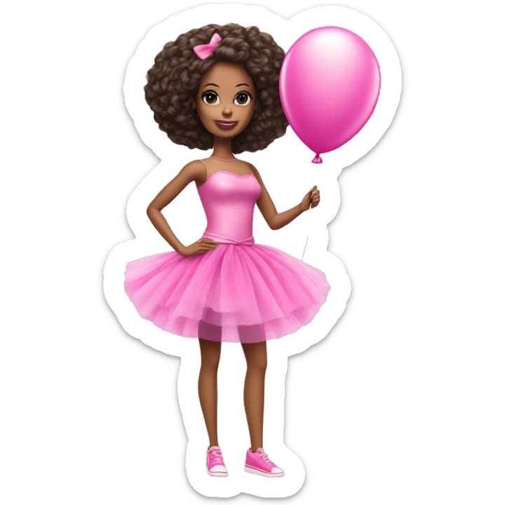 Barbie doll wearing a pink tutu dress , full body image holding a balloon and wearing a party hat  sticker