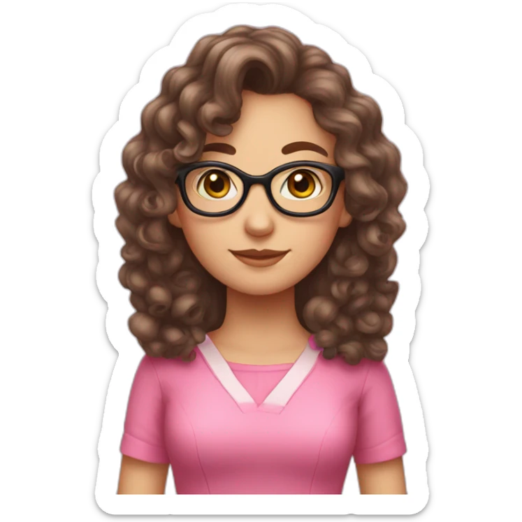 brunette curly long hair nerd girl, wearing a pink dress sticker