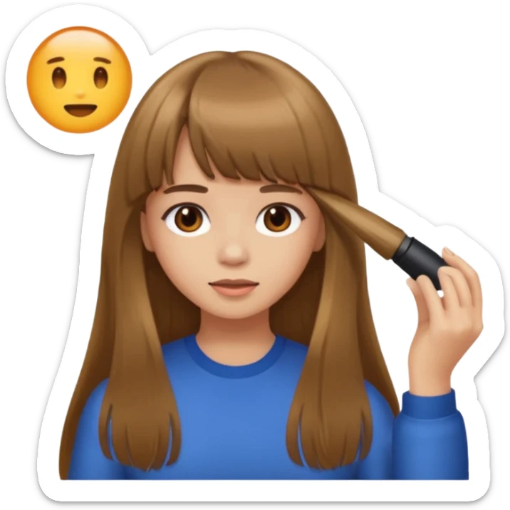 a girl with light skin and brown long hair with bangs who is doing her hair sticker