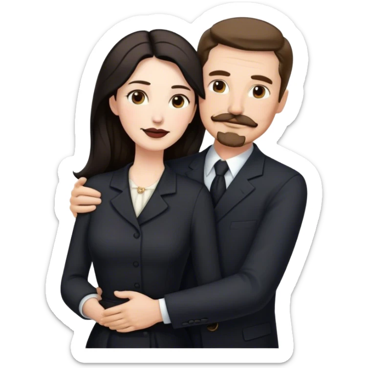 middle aged couple, tall white man with brown hair goatee mustache hugging a pale woman with long black hair, wearing elegant clothing sticker