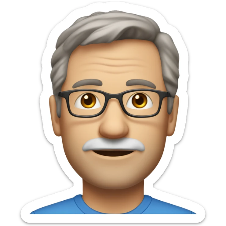 A head and shoulders shot of a 55 year old Caucasian man, with short brown hair, with stubble facial hair,  wearing glasses with blue eyes wearing a t-shirt. sticker