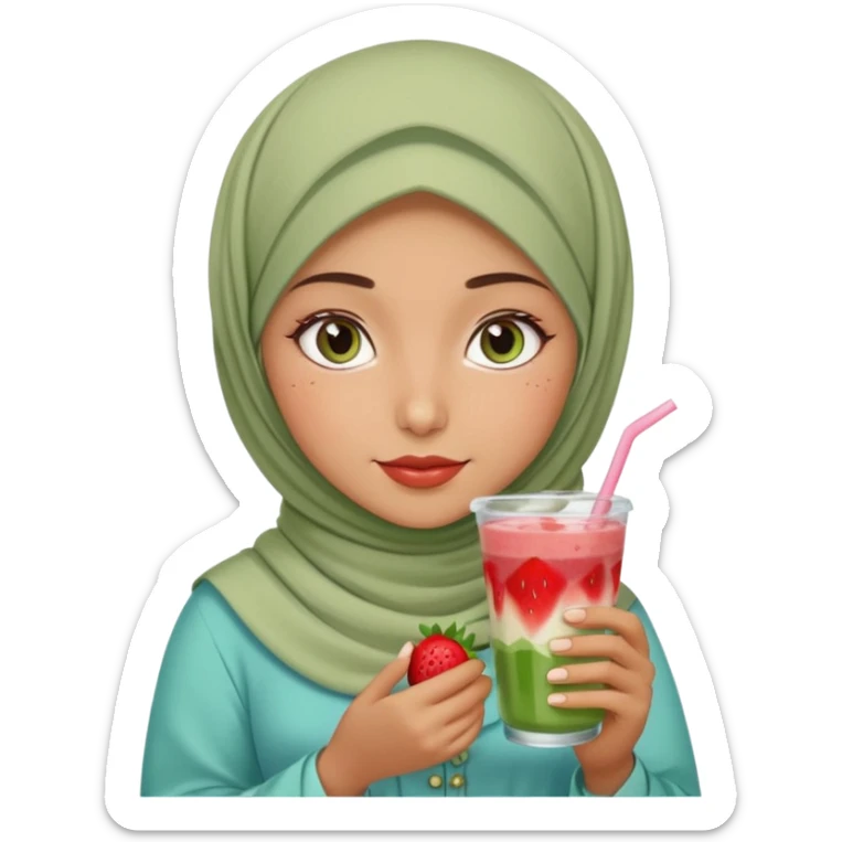 Turkish beautiful finish Konya girl blue eyes with beige and light green hijab islamic dress and had on her hand strawberry Matcha drink sticker