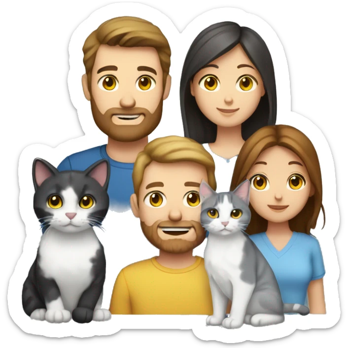 Family emoji: 1 man with brown eyes brown hair and brown beard,1  woman with blue eyes brown hair, 1 black-white cat with yellow eyes , 1 red-gray-white cat and yellow eyes sticker