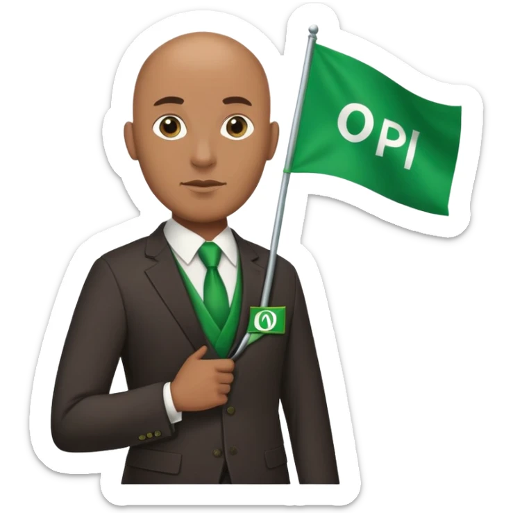 Create a emoji of a man in a suit brown skin with bald holding a green flag that says o phi o in greek letters sticker