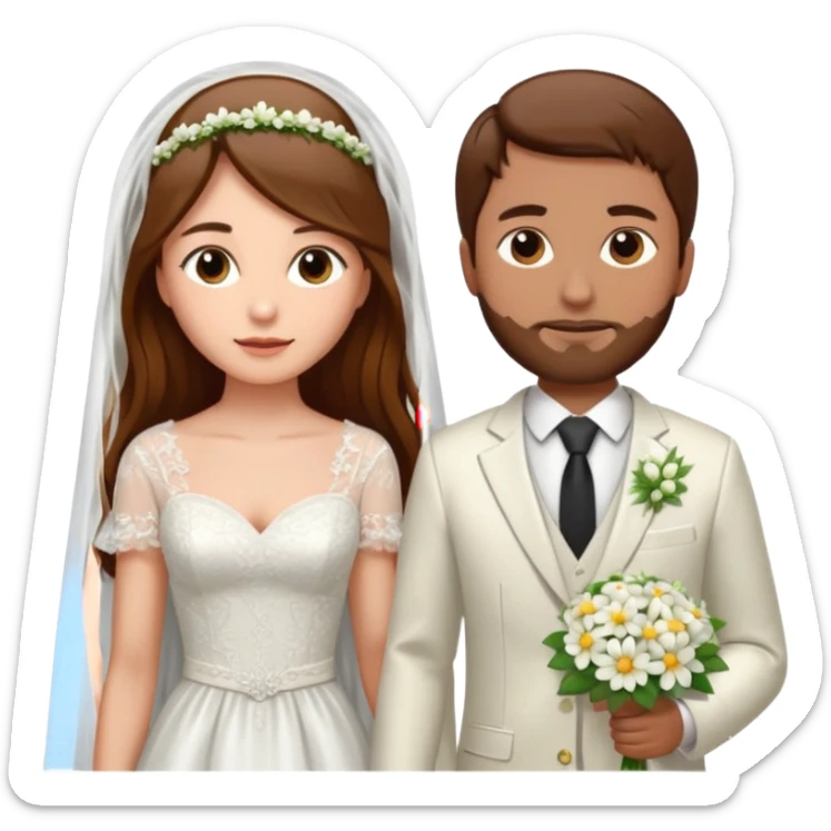 Woman with long brown hair and fair skin wearing a wedding dress and veil. And a man with short brown hair and fair skin wearing a white suit with a flower. sticker