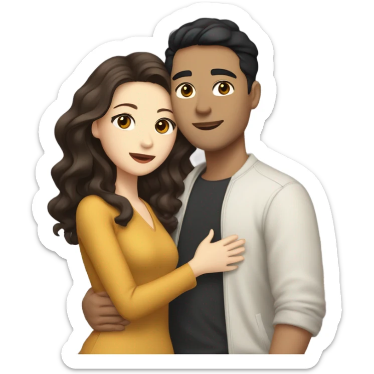 A pale half Asian man with short dark hair and amber eyes embracing and loving a white woman with long wavy brunette hair and dark hazel eyes. They love each other a lot And have good fashion taste and are hugging each other tight  sticker