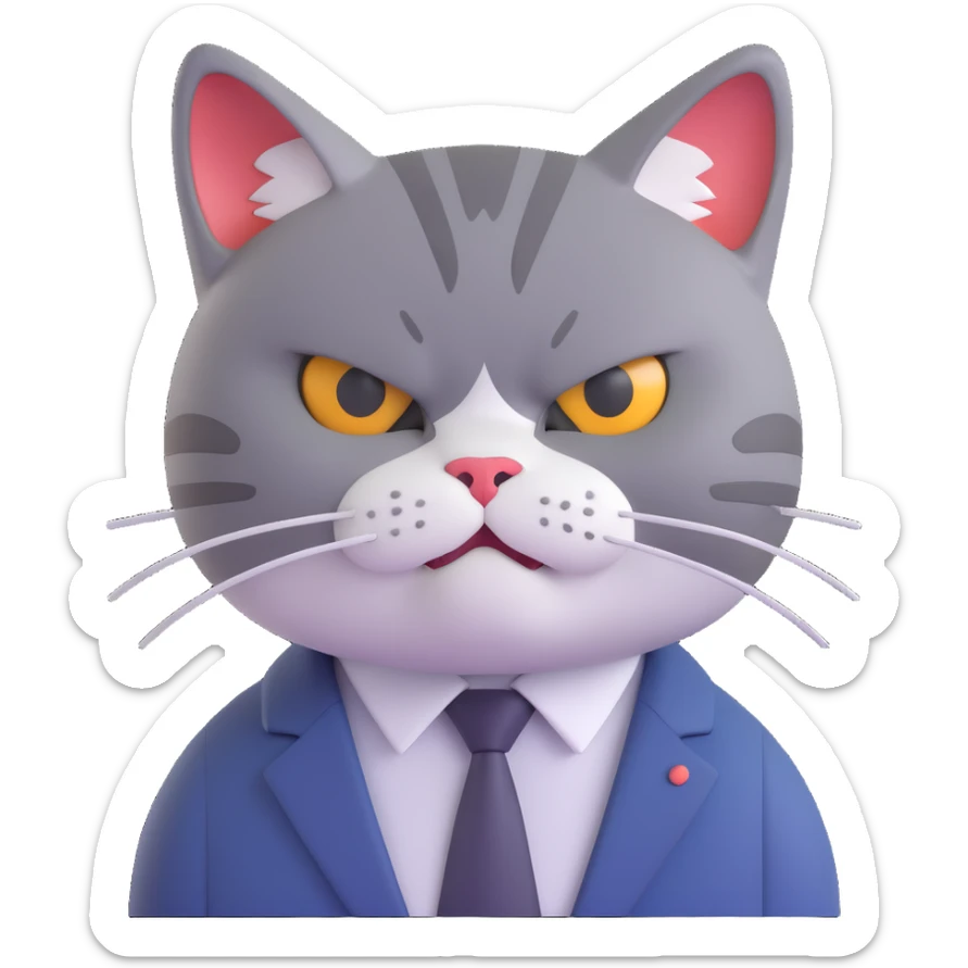 close-up of pissed off cat's face in business clothes, arms not visible, tail not visible, glaring with twitching whiskers, looking completely done with the day, no table or background, just the cat's face sticker