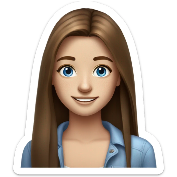 realistic portrait of smiling girl long straight brown hair freckles blue eyes hot sticker