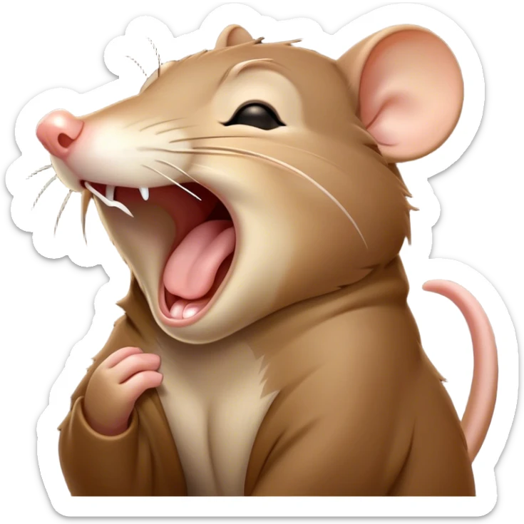 Cinematic Cute Yawning Brown Rat Portrait Emoji, Head tilted slightly with a dramatic, wide-open yawn, showcasing a soft, sleek brown coat with tiny drooping ears and half-closed eyes in drowsy contentment, Simplified yet irresistibly adorable features, highly detailed, glowing with a soft, cozy glow, high shine, relaxed yet expressive, stylized with a dash of urban charm, soft glowing outline, capturing the essence of a sleepy yet affectionate rat that seems ready to stretch out for a nap! sticker