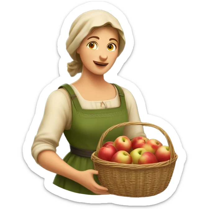 A European rural woman holds a basket of apples in her hand sticker