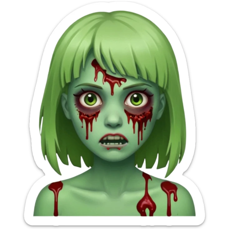 Mulher cabelo de franjinha pele verde zumbi sangrando bonito com zundo escuro sticker