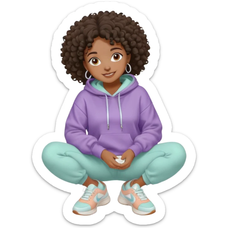 Black girl, clean girl aesthetic, 4C curly hair in a puff, pastel hoodie, white sneakers, minimal jewelry, soft smile, cozy vibe, bright colors,  skin care with White clay mask sticker