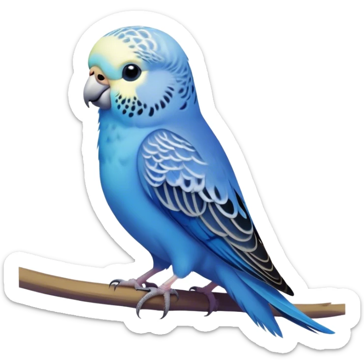 Cinematic Noble Blue Budgie Portrait Emoji, Poised and regal, with a petite, delicate build and a smooth, well-groomed fur of vibrant blue feathers, deep-set soulful dark eyes, Simplified yet sharp and sophisticated features, highly detailed, glowing with a soft, dignified glow, high shine, intelligent and charming, stylized with an air of elegance, focused and attentive, soft glowing outline, capturing the essence of a watchful and confident avian companion, so majestic it feels as though it could flutter out of the screen with effortless authority! sticker