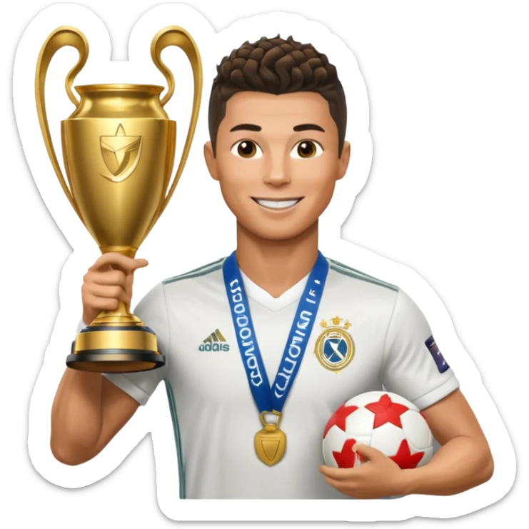 Cristiano Ronaldo holfing the champions league with noodle hair sticker