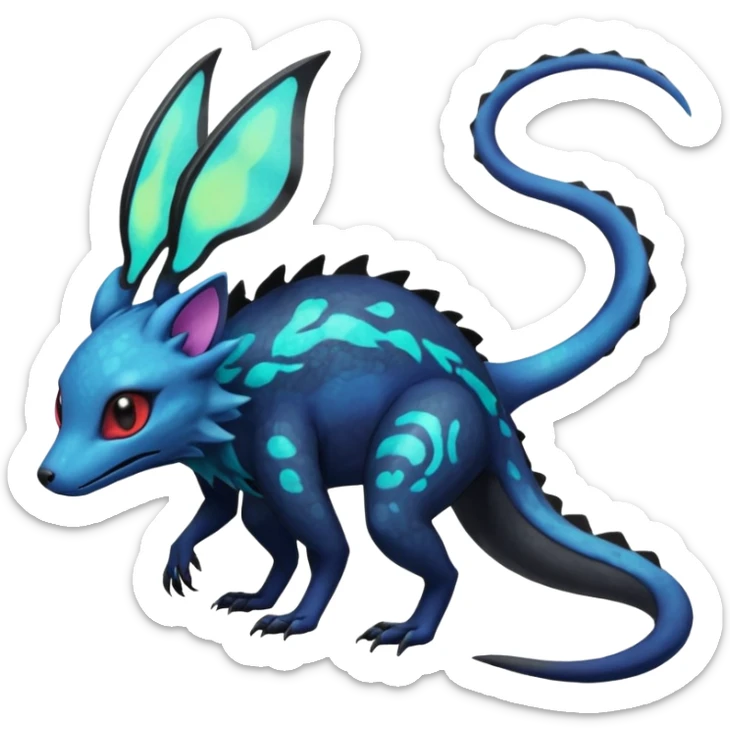 Rare epic aesthetic iridescent bioluminescent spooky gloomy colorful Salandit-Noibat-Eevee-Genet-species-Fakemon-hybrid-creature, with markings, full body sticker