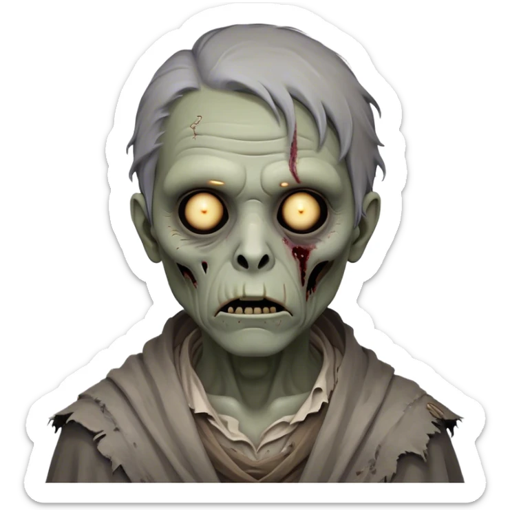 Cinematic Noble Zombie Portrait Emoji, Surprisingly dignified and somber, with a decaying yet strangely regal visage in ashen grays and muted tones, draped in tattered attire hinting at a lost grandeur, simplified yet meticulously detailed, glowing with a soft, eerie radiance and a gentle outline that evokes the tragic nobility of the undead! sticker