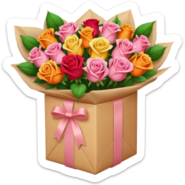 light pink Bouquet of red orange pink yellow roses in package sticker