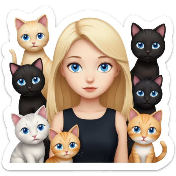 blonde girl with blue eyes zodiac  in black dress with different cats sticker