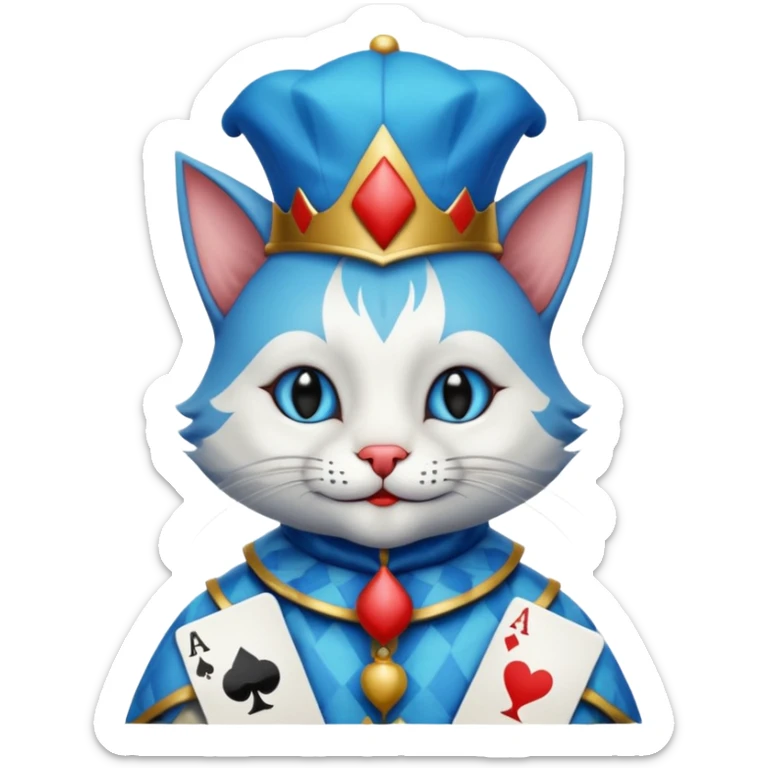 crazy colorful cute little cat jolly joker from poker, medieval, vintage, court jester, mac os icon, blue color, poker cards sticker