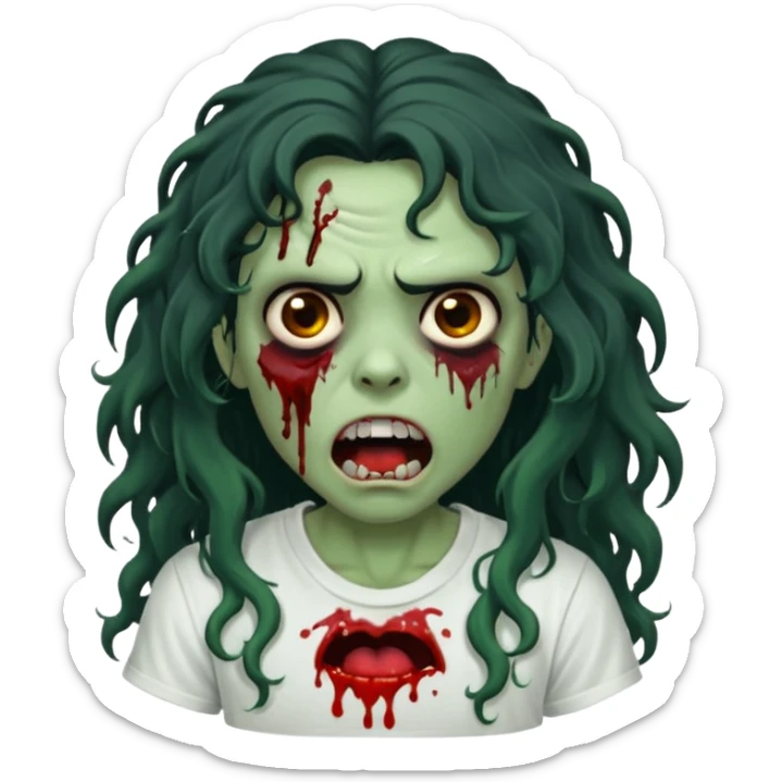 a zombie with long curly black hair volumoso, brown eyes, a white t-shirt and a splash of blood on her t-shirt, mouth open like a zombie, green skin color, not much expression, no drawing on shirt, no hands showing, less blood on her face, less blood, black hair and black eyes sticker