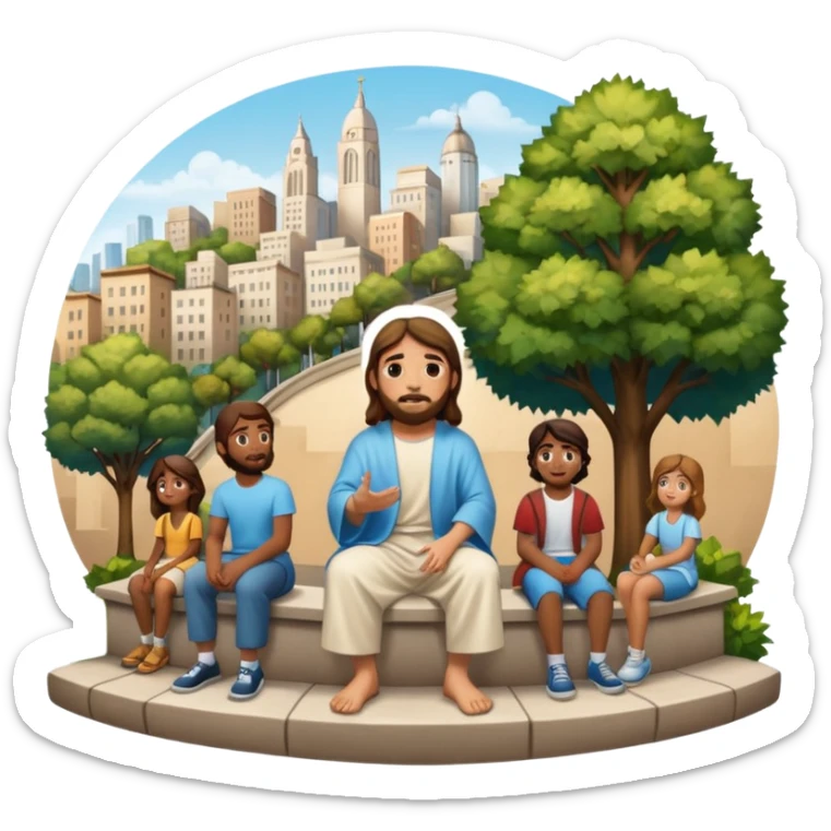 Jesus sitting on city steps, talking to a group of young people from various backgrounds, detailed cityscape with murals, benches, and trees sticker