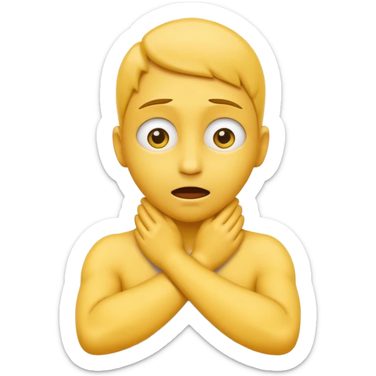 Yellow face emoji strangling itself with 2 arms crossed and hands saround neck and eyes looking up slightl sticker