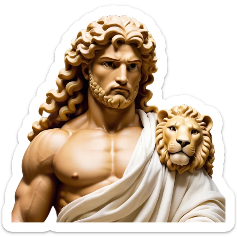 Cinematic Realistic Hercules Portrait, depicted as a classical Greek hero merging the fierce masculinity of the lion-wrestling Hercules with the refined face of Michelangelo's David. His light tan, chiseled skin glows with timeless strength, and his thick, curly, golden brown hair cascades in natural, sculpted curls reminiscent of a warrior’s mane. Draped in a flowing white robe with delicate golden accents and crowned with a traditional Greek laurel wreath, his intense, determined eyes exude noble might, all rendered under dynamic natural lighting with a mythic, radiant glow. sticker