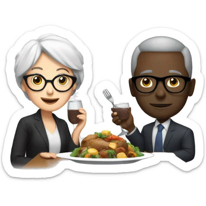 Gray hair white woman with glasses eating dinner with black man with gray short hair with glasses  sticker