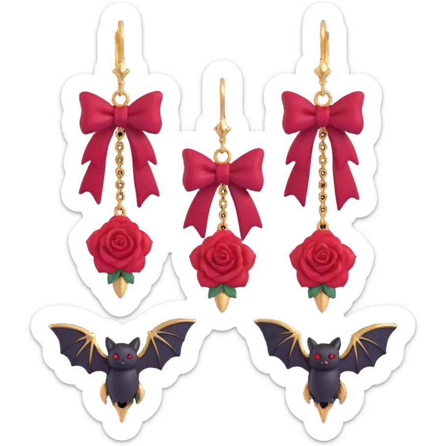 gothic earrings with crimson velvet bows, gold bat charms, deep red rose accents, dramatic and gothic style sticker