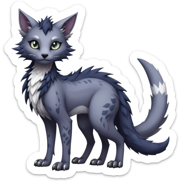 Kawaii dark edgy gloomy dusky dull-colored fantasy ethereal feline-vernid-sergal-fursona animal creature with a tufted tail full body with intricate markings  sticker